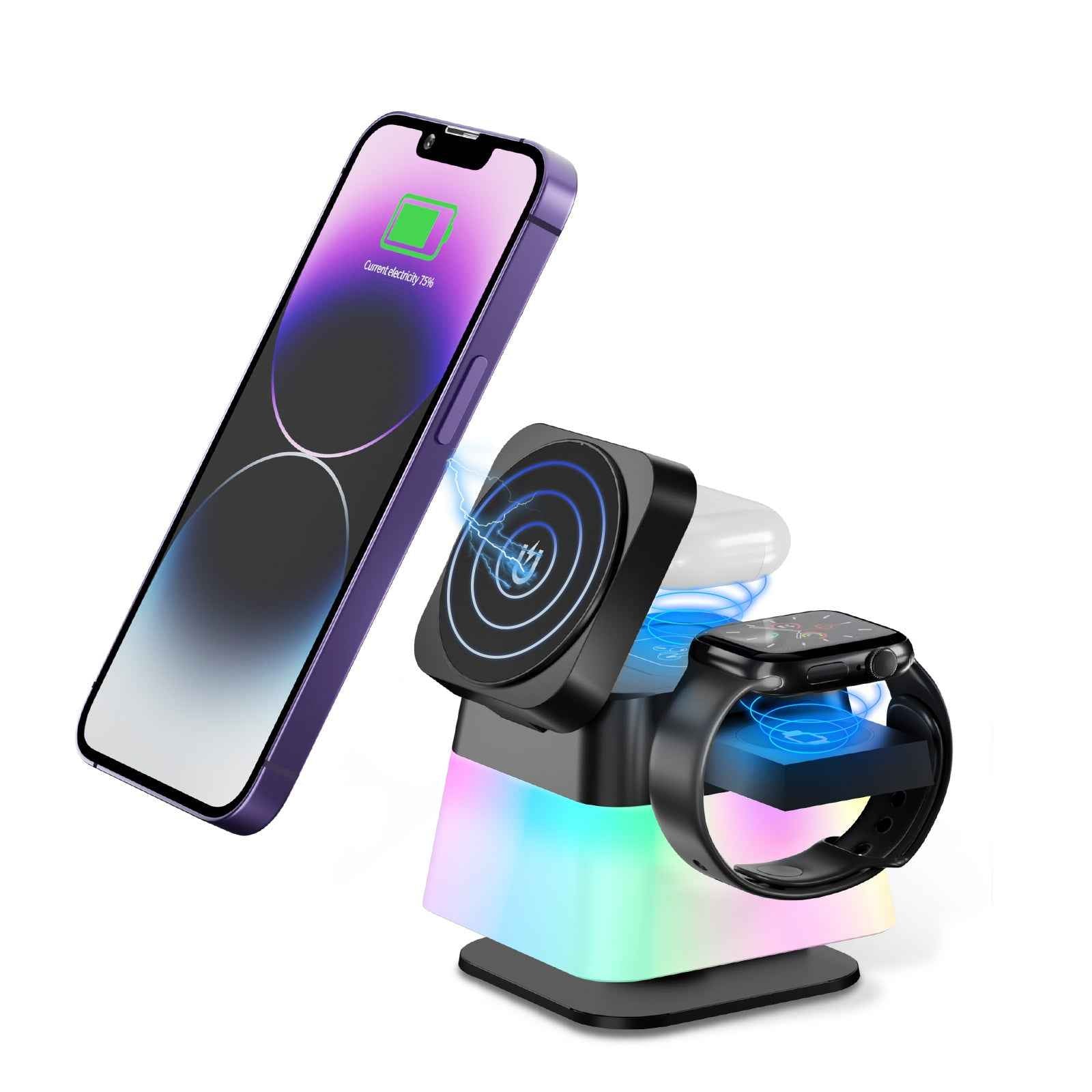 4 In 1 Rotatable Colourful Lighting Wireless Charger Stand For Phone 15 14 13 12 Pro Max 8 7 Holder Magnetic Fast Charging Station