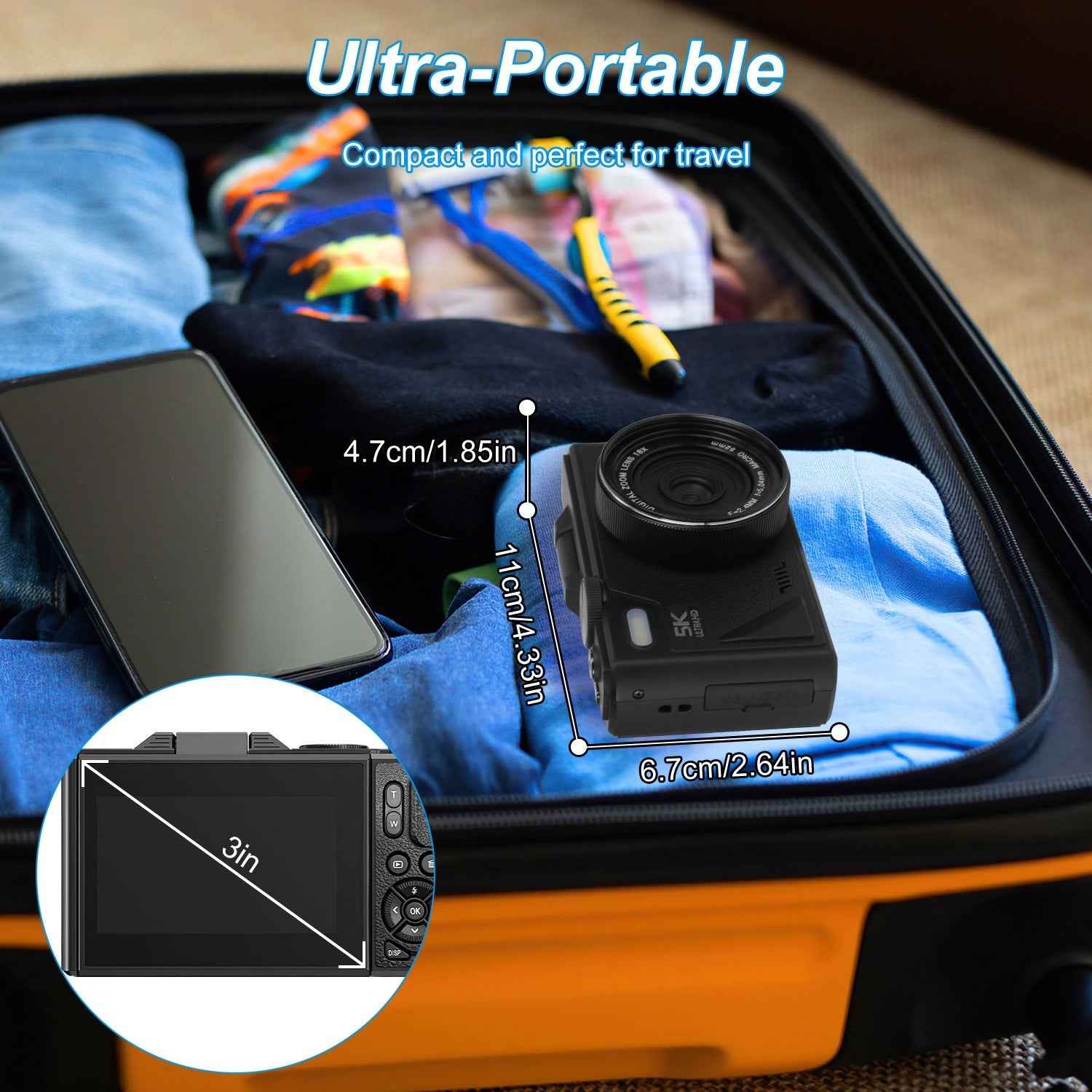 1Pc 5K 75MP Digital Camera For Photography Anti Shake WiFi Vlogging Video Camera With 9 Shooting Modes 18X Zoom Fill Light Webcam Function 2 Batteries 32G MMC Card 180Degree Flip IPS Screen