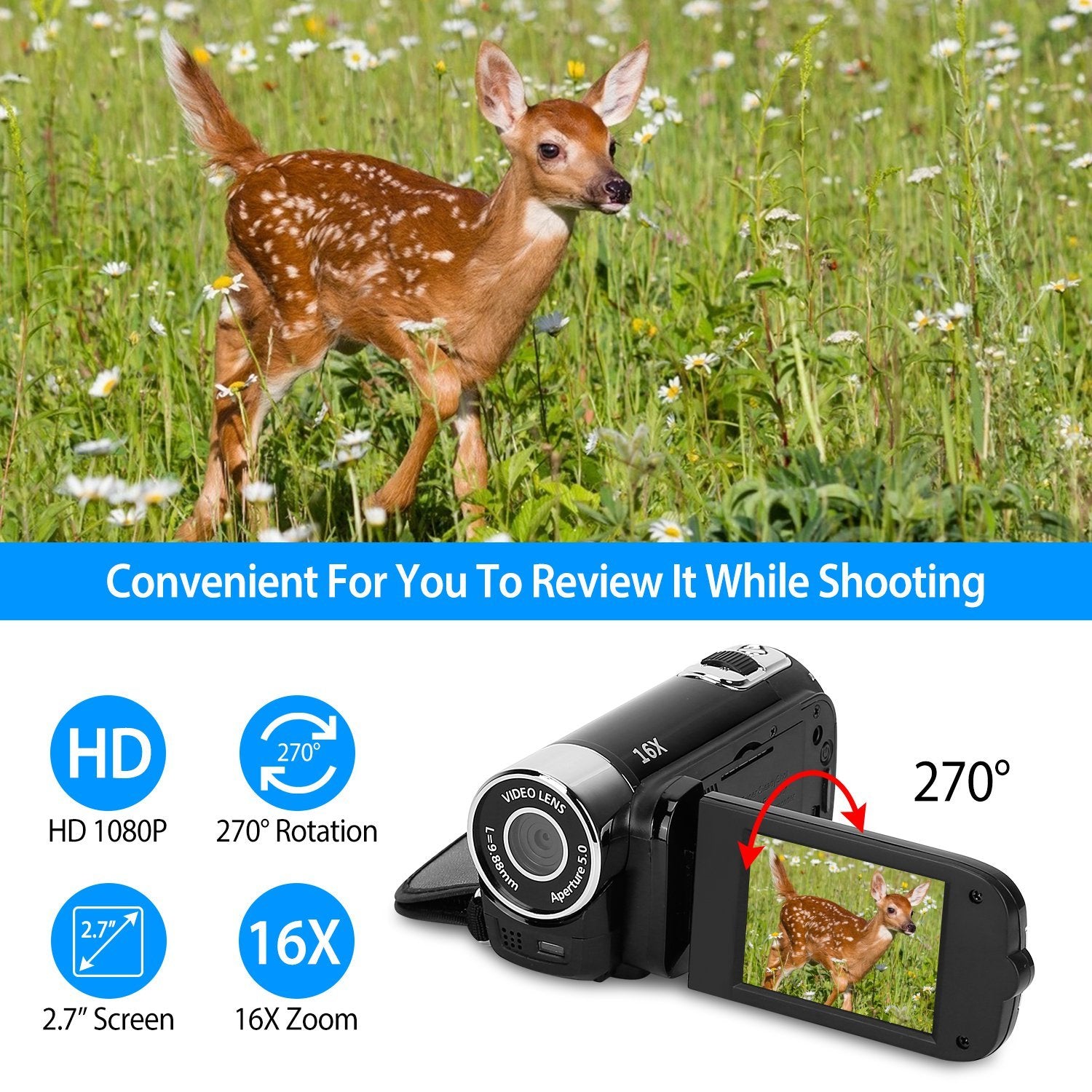 Black-Red Options - 1Pc HD 1080P Digital Video Camcorder 2.7in 16X Zoom DV Camera 270 Degree Rotation Rechargeable Kid Camera With Fill Light Selfie