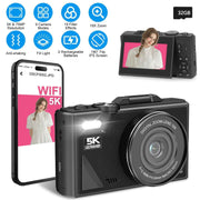 1Pc 5K 75MP Digital Camera For Photography Anti Shake WiFi Vlogging Video Camera With 9 Shooting Modes 18X Zoom Fill Light Webcam Function 2 Batteries 32G MMC Card 180Degree Flip IPS Screen