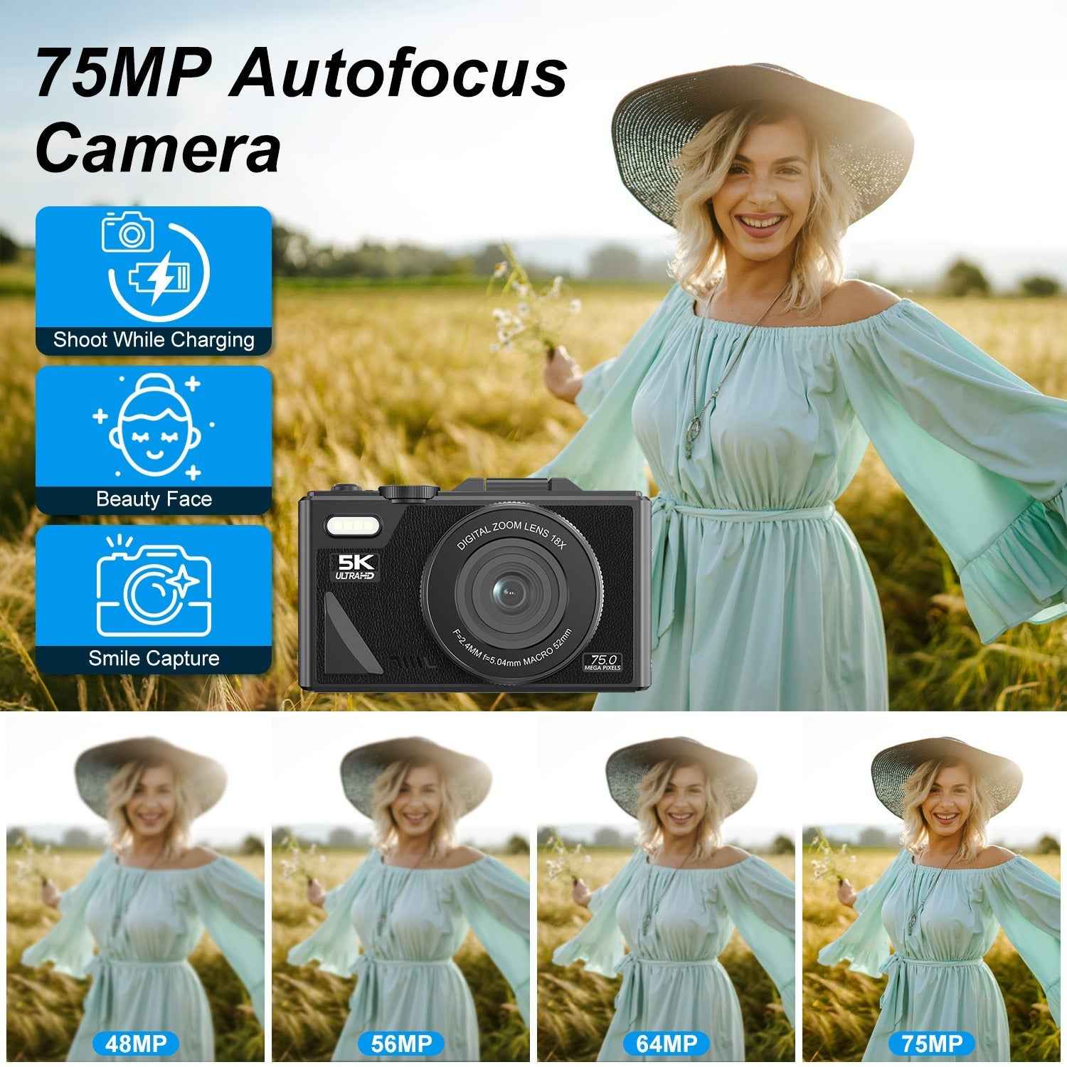 1Pc 5K 75MP Digital Camera For Photography Anti Shake WiFi Vlogging Video Camera With 9 Shooting Modes 18X Zoom Fill Light Webcam Function 2 Batteries 32G MMC Card 180Degree Flip IPS Screen