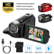Black-Red Options - 1Pc HD 1080P Digital Video Camcorder 2.7in 16X Zoom DV Camera 270 Degree Rotation Rechargeable Kid Camera With Fill Light Selfie